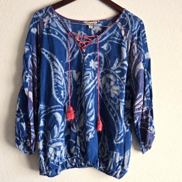 Lucky Brand Blue Peasant Tassel Tie Front Blouse With Elastic Hem Boho Top 1X - Picture 1 of 9